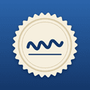 Embossa app icon: a cream notary seal with a signature stroke on blue