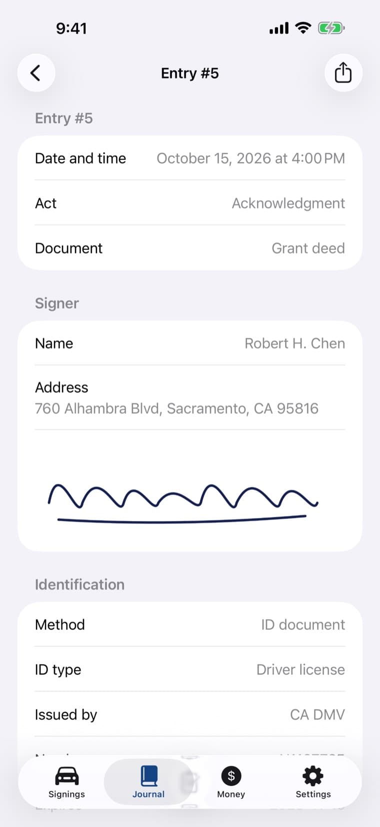 A finalized Embossa journal entry with act, document, signer, signature and identification