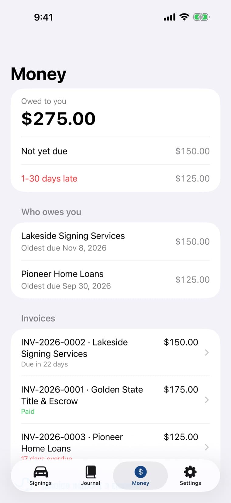 Embossa Money tab showing the amount owed, aging buckets, who owes money and invoices