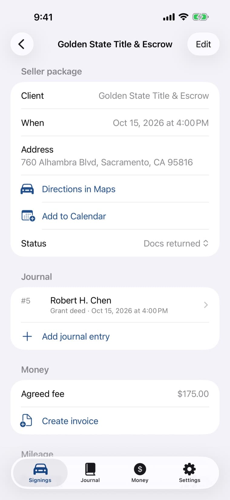 A signing in Embossa with its client, round-trip mileage, fees and journal entries