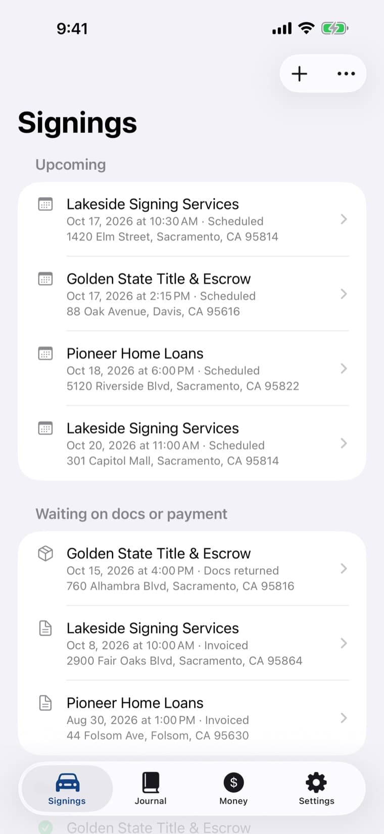 Embossa Signings tab listing today's appointments with clients and addresses