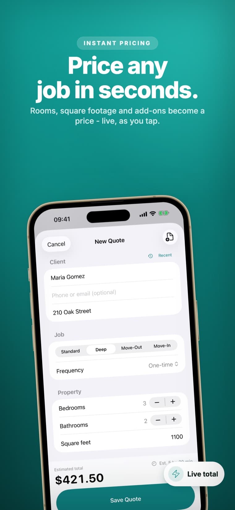 Estimaid new-quote screen - rooms, square footage and add-ons become a live price as you tap