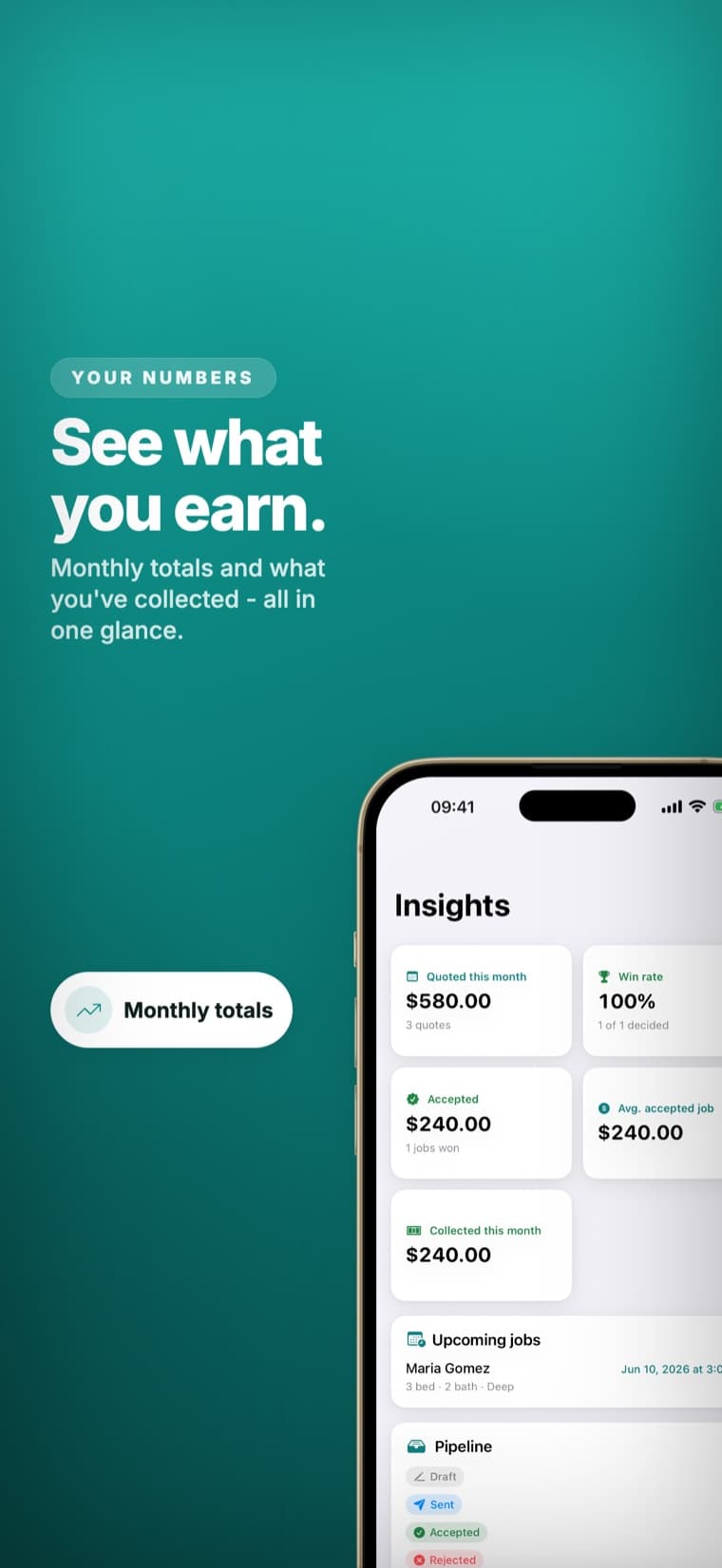 Estimaid insights screen - monthly quoted total, win rate, collected total and upcoming jobs