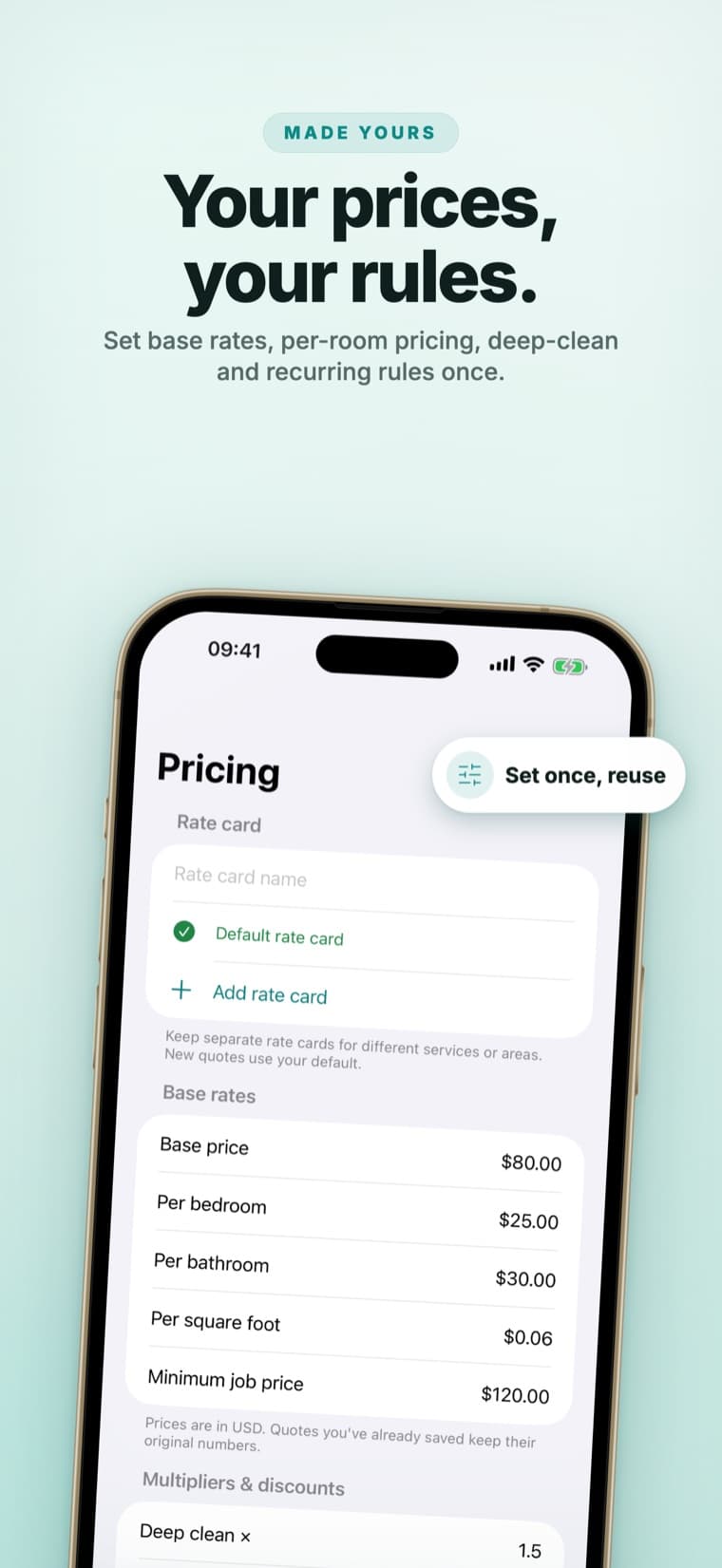 Estimaid pricing screen - base rates, per-room pricing, deep-clean and recurring rules set once