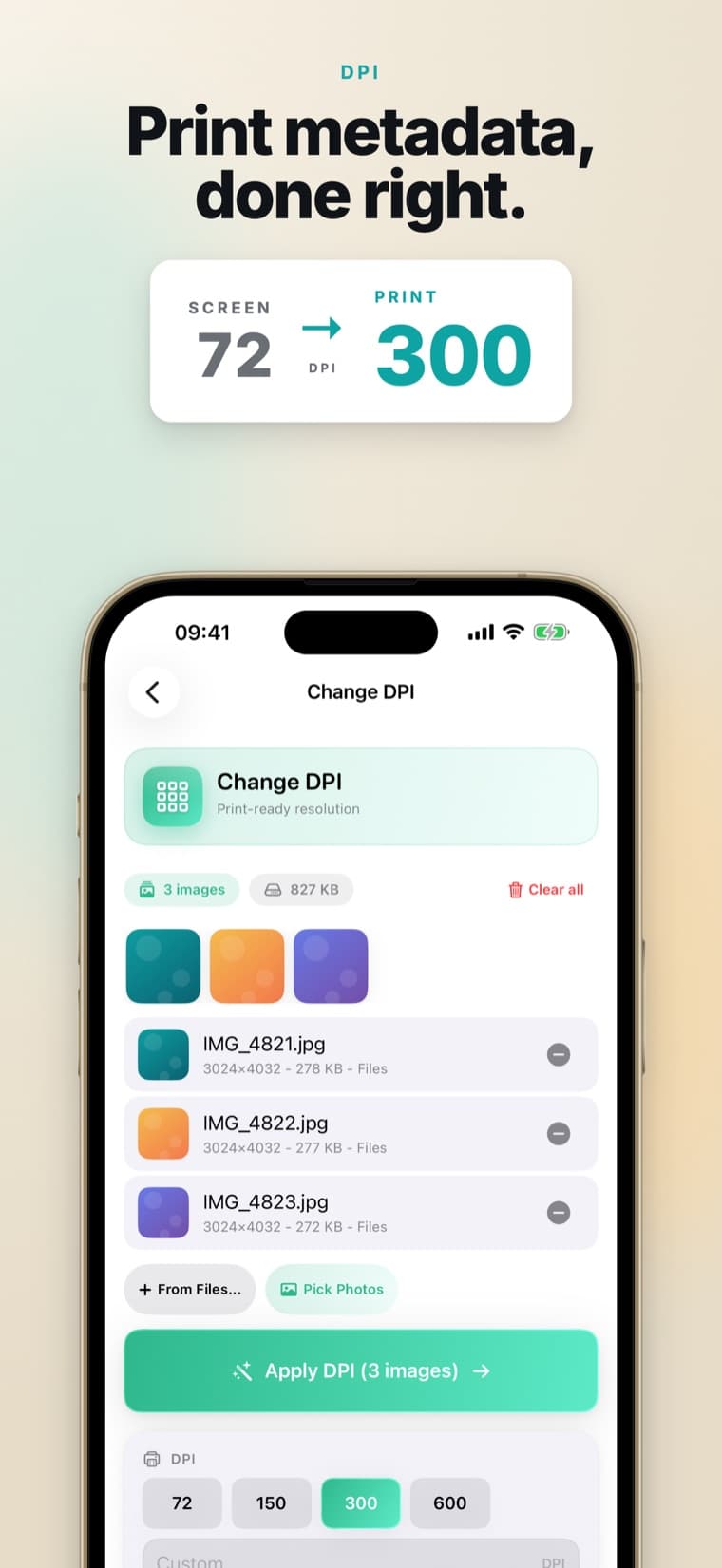 Pixrim change-DPI screen - set print-ready resolution