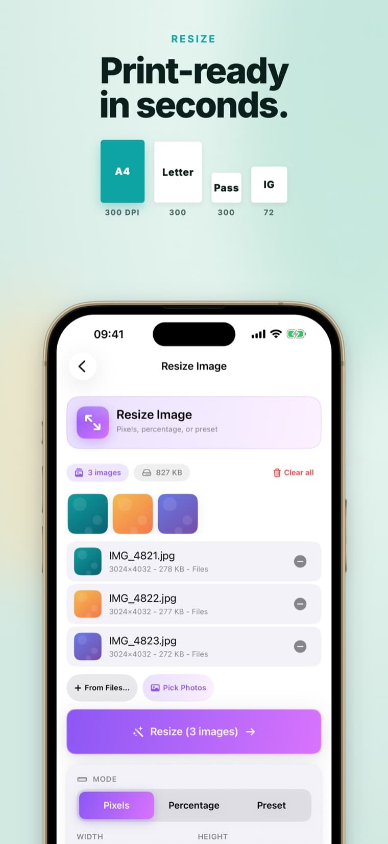 Pixrim resize screen - by pixels, percentage, or print-ready presets